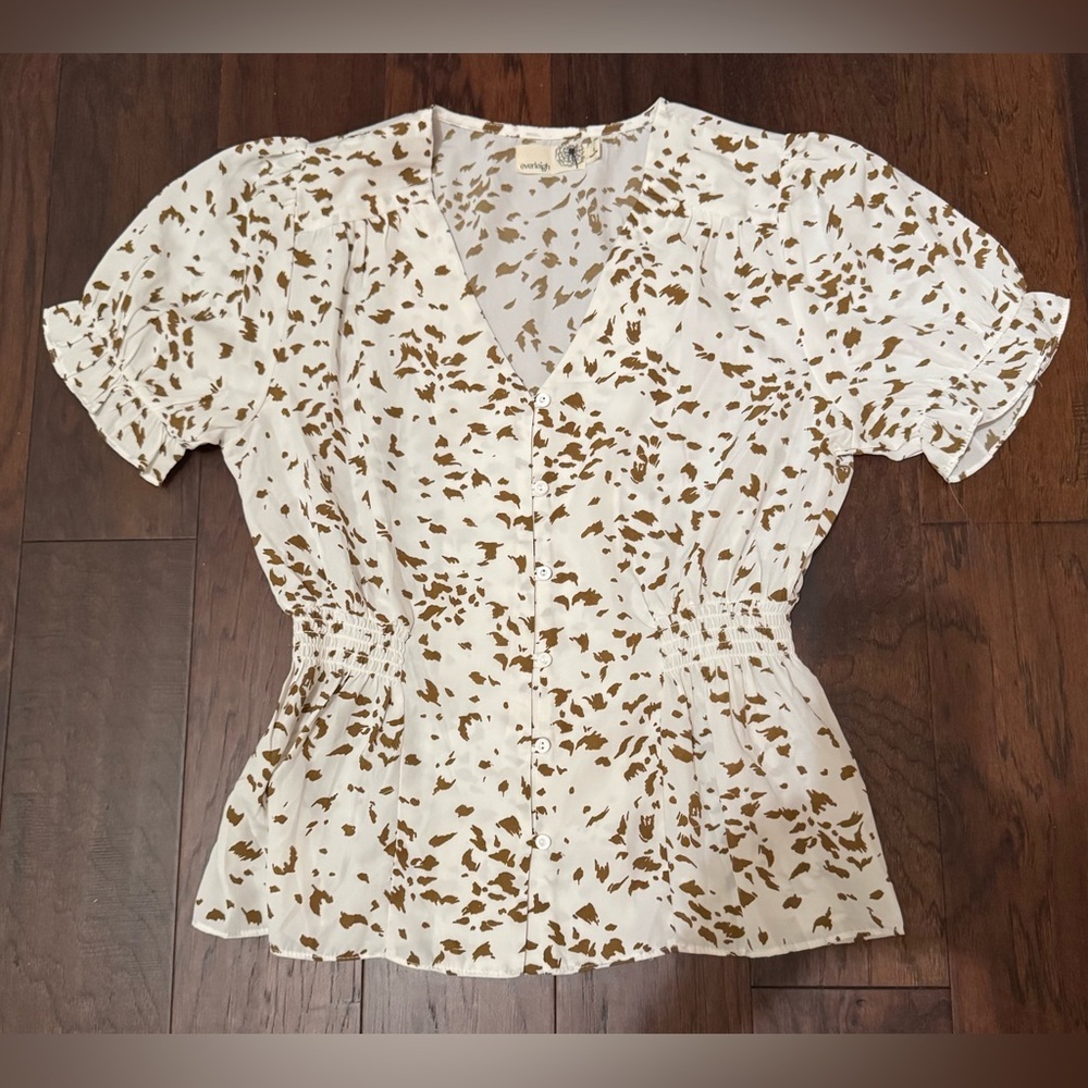 Everleigh Puff Sleeve Button Down Cinch Waist Top, Brown/Ivory Size Medium NWOT